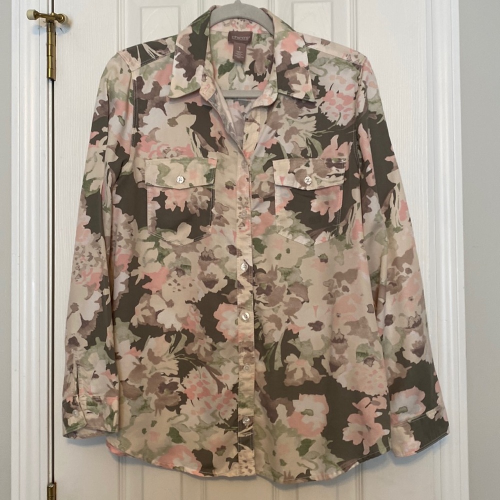 Chico’s Floral Button Up Top Size 1 Small,  Also can be worn as a jacket.